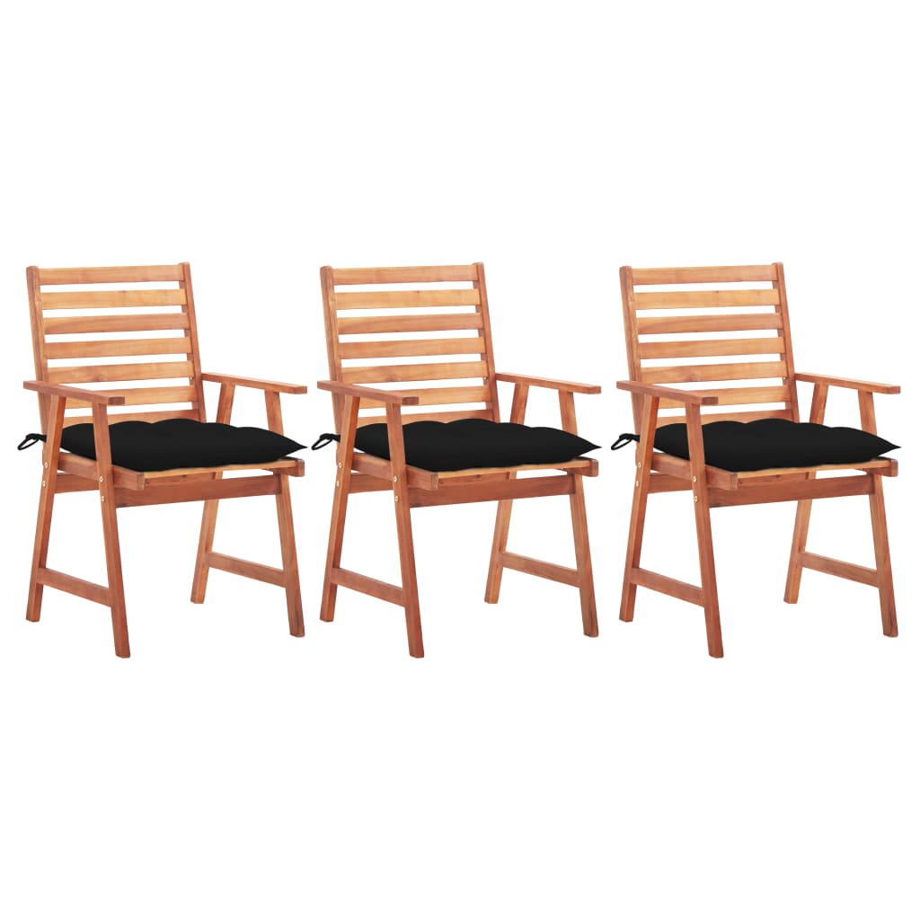 3 Sillas de comedor para jardín de madera con cojines Negro