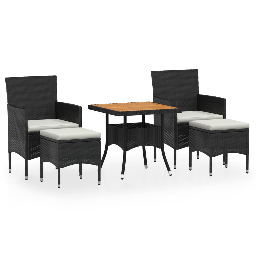 Set comedor jardin 5 piezas ratán sintético y madera acacia negro 80 x 80 x 75 cm