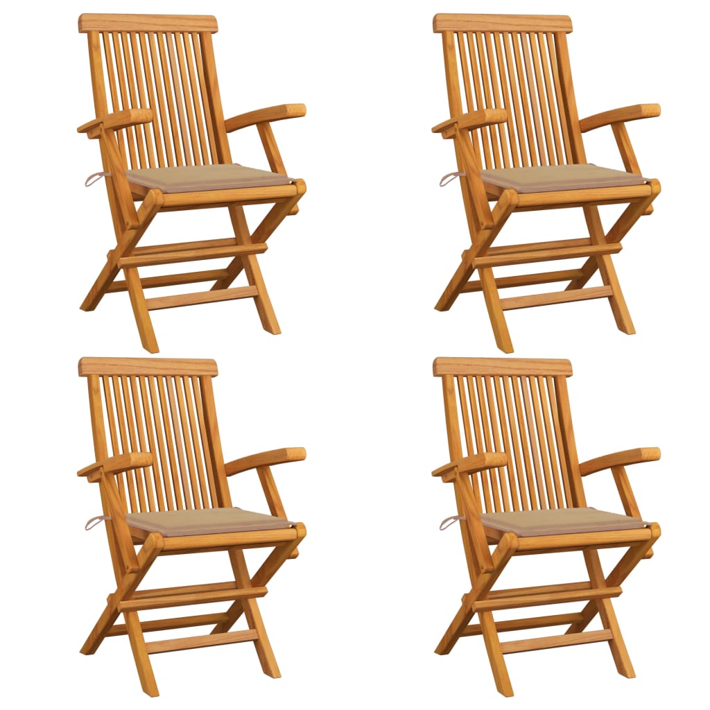 4 Sillas de jardín de madera teca con cojines Beige