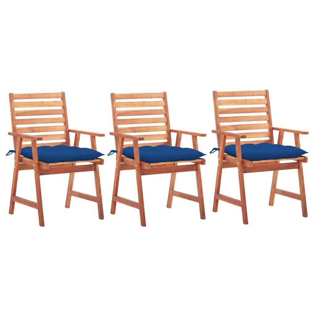 3 Sillas de comedor para jardín de madera con cojines Azul Marino