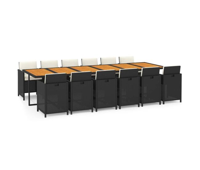 Juego comedor jardin 13 piezas con cojines ratán sintético negro sin reposapies