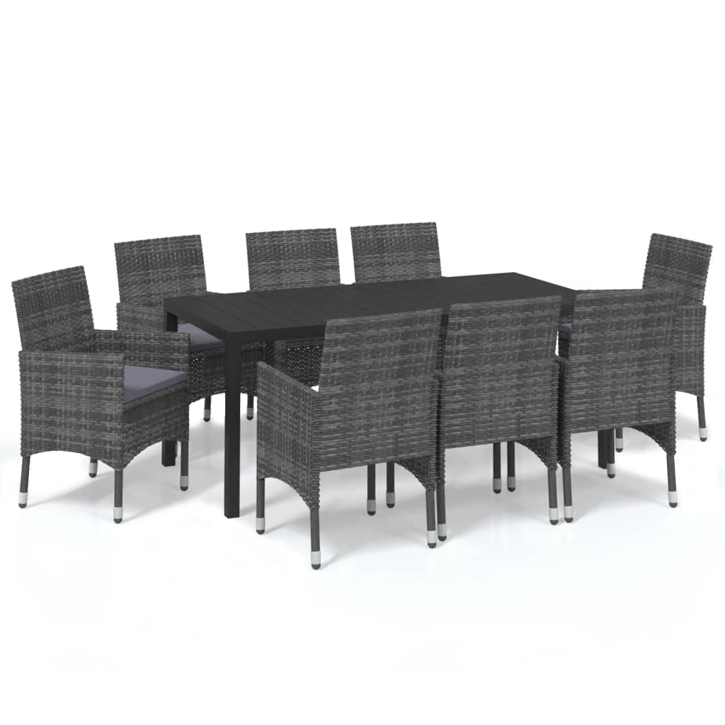 Set de muebles jardin 9 piezas con cojines ratán sintético gris 185 cm table length
