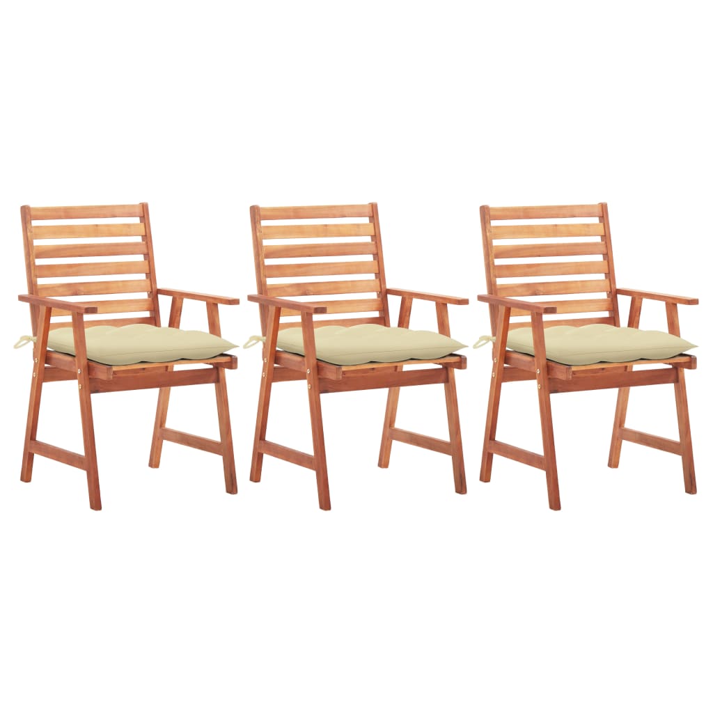 3 Sillas de comedor para jardín de madera con cojines Crema