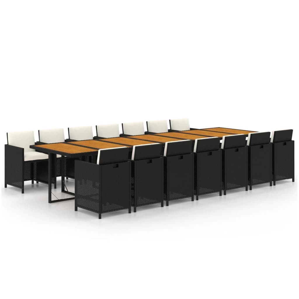 Set de comedor jardin 15 piezas con cojines ratán sintético negro sin reposapies