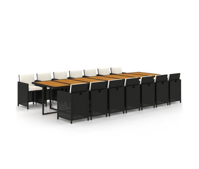 Set de comedor jardin 15 piezas con cojines ratán sintético negro sin reposapies