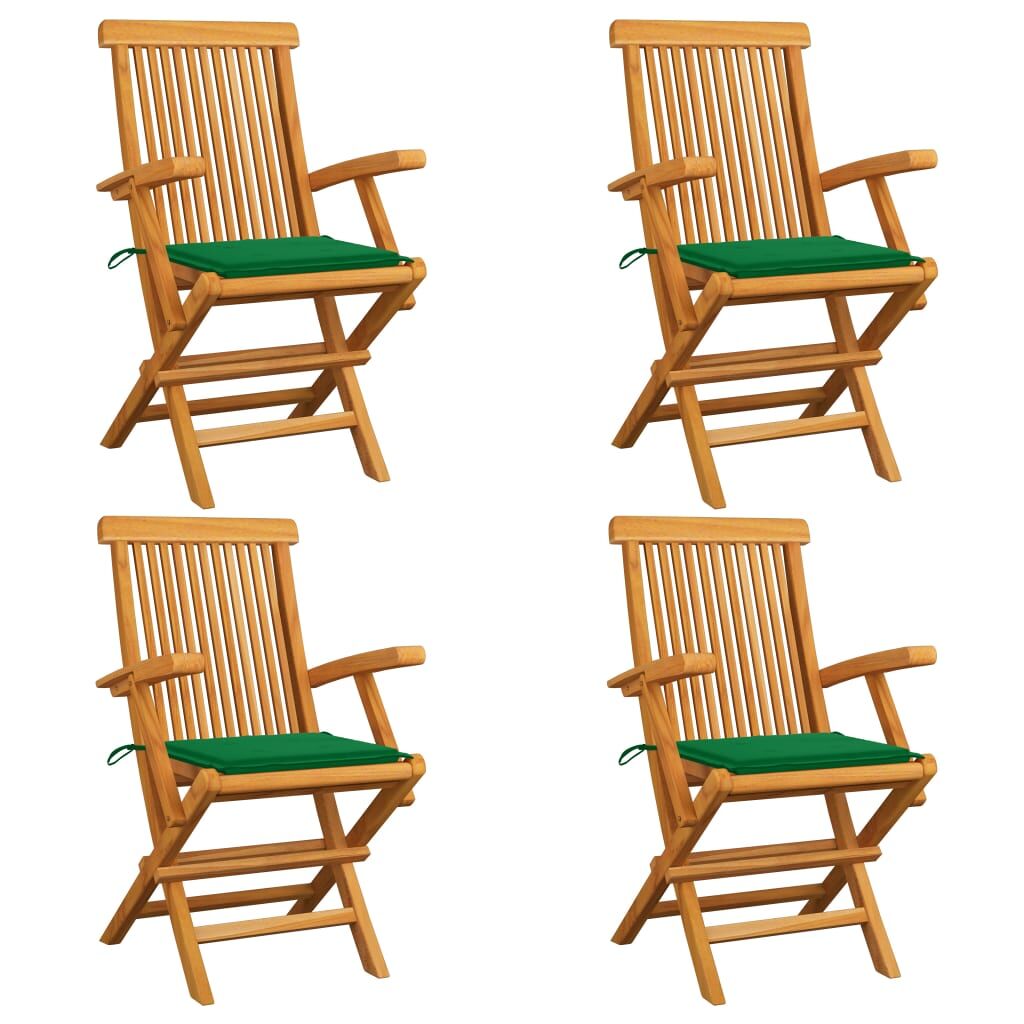 4 Sillas de jardín de madera teca con cojines Verde Oscuro