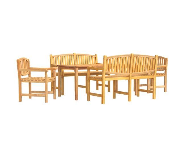 Juego de comedor para jardin 5 piezas madera maciza de teca longitud mesa 180 cm 2x chair + 2x bench + table