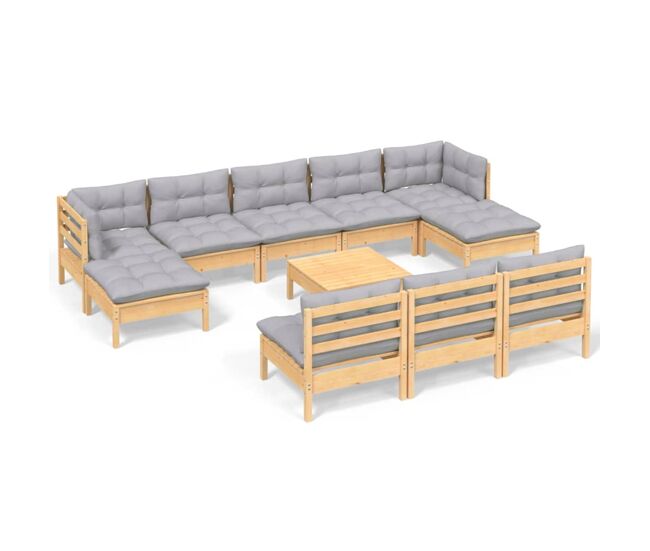 Juego de muebles de jardin 11 piezas y cojines madera pino gris