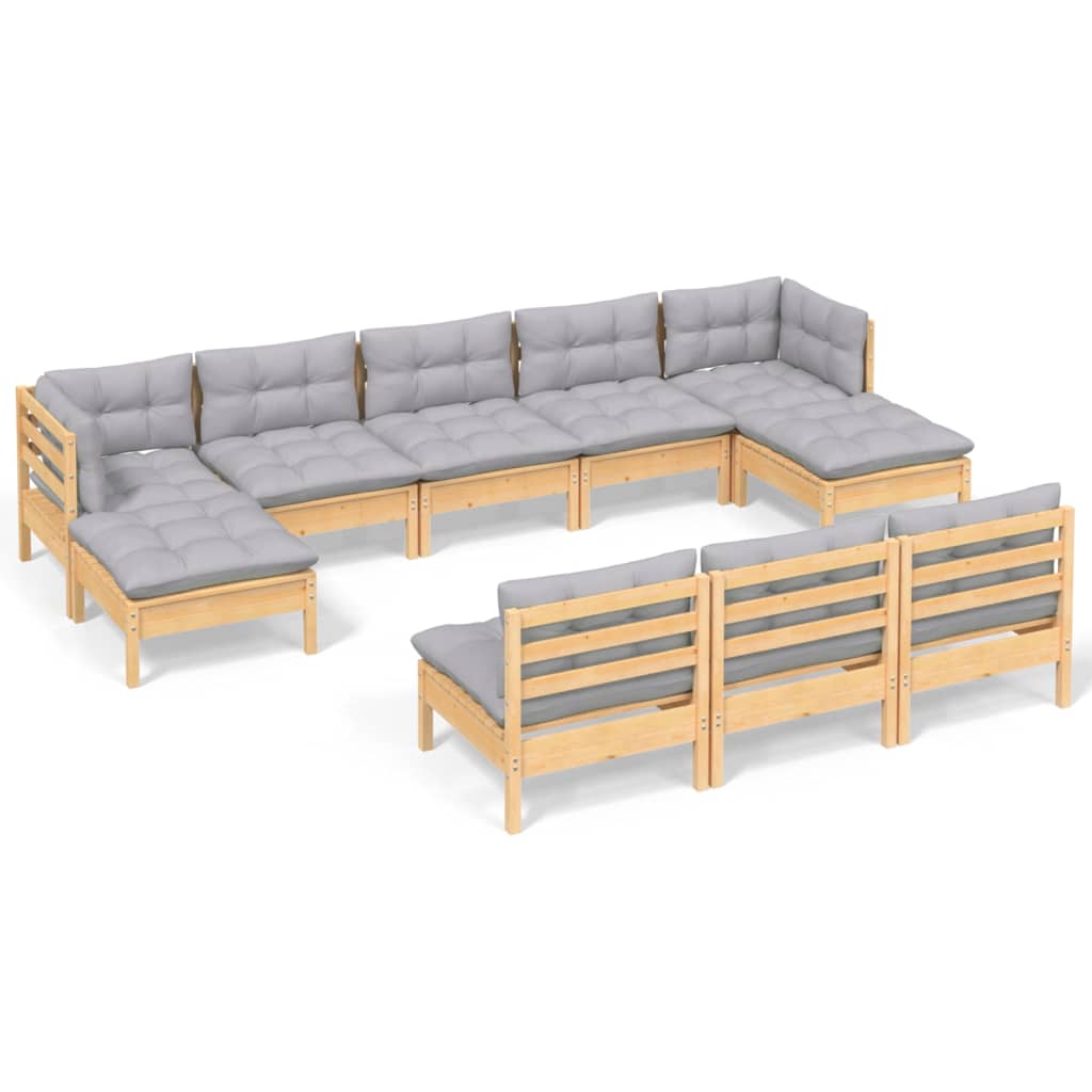 Juego de muebles de jardin 10 piezas y cojines madera pino gris
