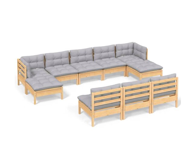 Juego de muebles de jardin 10 piezas y cojines madera pino gris