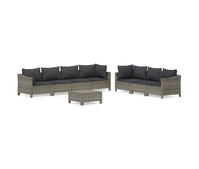 Set de muebles de jardin 8 piezas y cojines ratán sintético gris