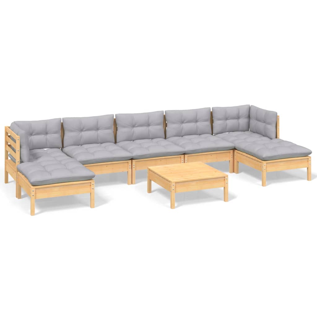 Juego de muebles de jardin 8 piezas y cojines madera pino gris