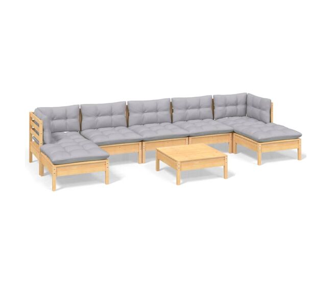 Juego de muebles de jardin 8 piezas y cojines madera pino gris