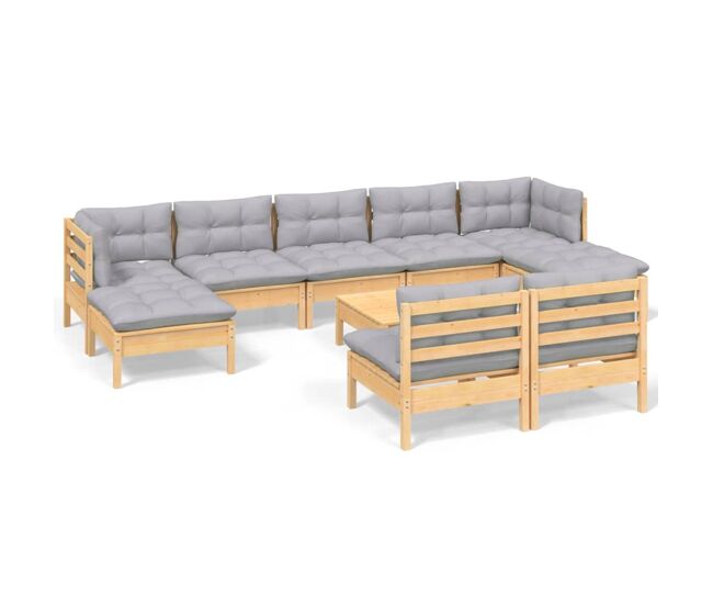Juego de muebles de jardin 10 piezas y cojines madera pino gris