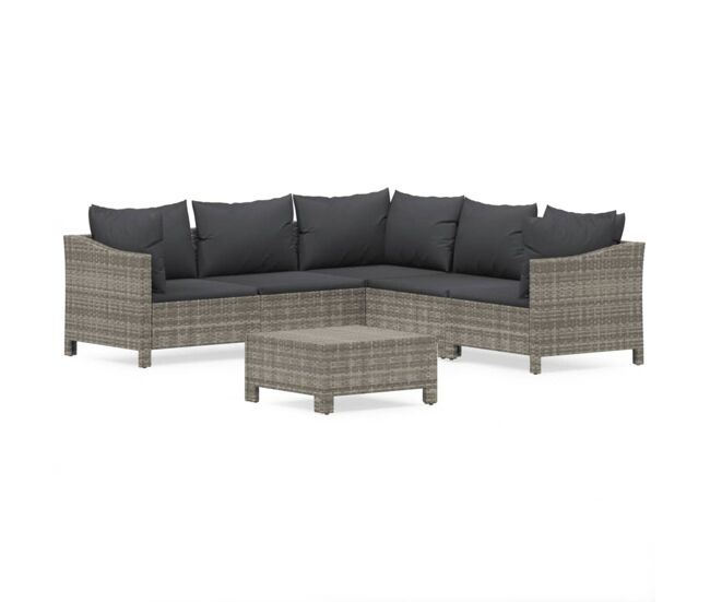 Set de muebles de jardin 6 piezas y cojines ratán sintético gris