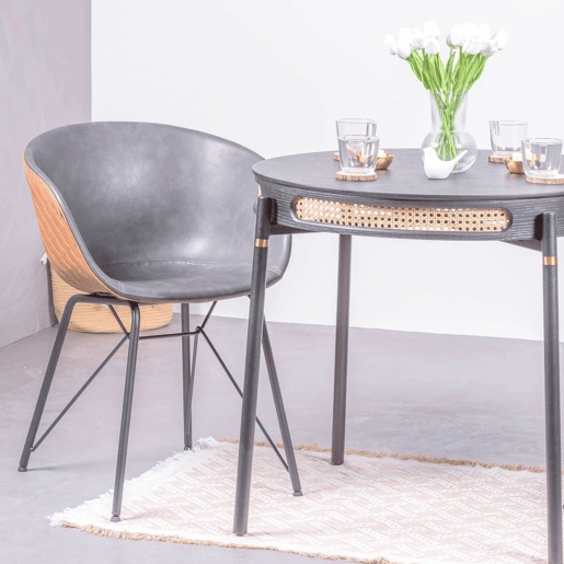 Mesa de jantar redonda retrô com detalhes em rattan natural (80cm) - North
