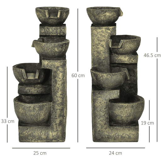 Outsunny Fonte de Jardim 5W Fonte de Água em Cascata de 4 Níveis com Bomba de Água e Saída de Água Ajustável para Decoração Pátio 25x24x60 cm Multicolor
