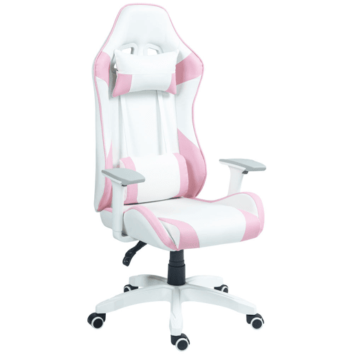 HOMCOM Cadeira Gaming Reclinável Cadeira Gamer Giratória com Almofada Lombar Apoios de Braços Ajustáveis Apoio de Cabeça Basculante e Altura Ajustável para Escritório 67x60x120-128 cm Branco e Rosa