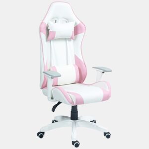 HOMCOM Cadeira Gaming Reclinável Cadeira Gamer Giratória com Almofada Lombar Apoios de Braços Ajustáveis Apoio de Cabeça Basculante e Altura Ajustável para Escritório 67x60x120-128 cm Branco e Rosa