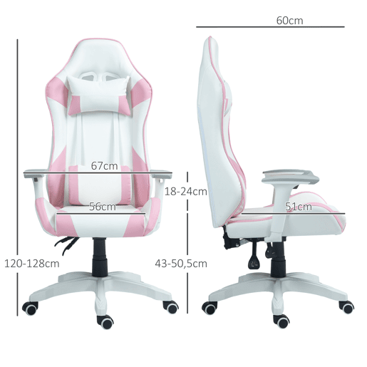 HOMCOM Cadeira Gaming Reclinável Cadeira Gamer Giratória com Almofada Lombar Apoios de Braços Ajustáveis Apoio de Cabeça Basculante e Altura Ajustável para Escritório 67x60x120-128 cm Branco e Rosa
