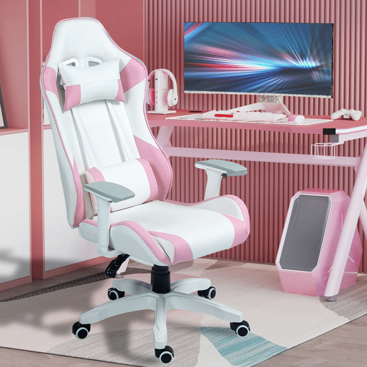 HOMCOM Cadeira Gaming Reclinável Cadeira Gamer Giratória com Almofada Lombar Apoios de Braços Ajustáveis Apoio de Cabeça Basculante e Altura Ajustável para Escritório 67x60x120-128 cm Branco e Rosa
