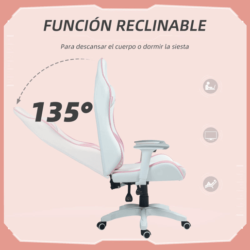 HOMCOM Cadeira Gaming Reclinável Cadeira Gamer Giratória com Almofada Lombar Apoios de Braços Ajustáveis Apoio de Cabeça Basculante e Altura Ajustável para Escritório 67x60x120-128 cm Branco e Rosa