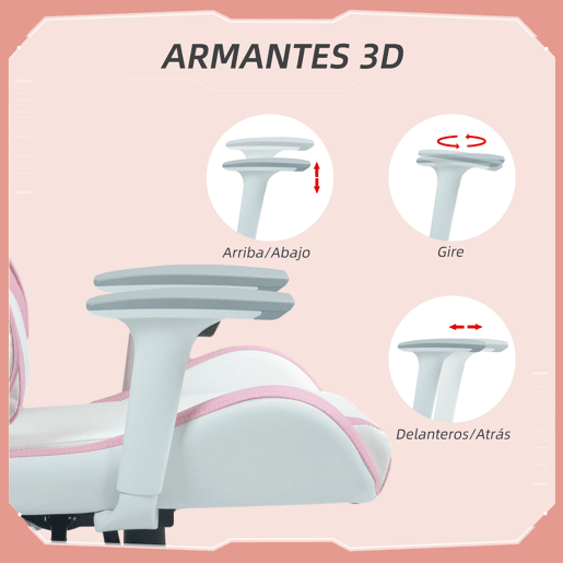 HOMCOM Cadeira Gaming Reclinável Cadeira Gamer Giratória com Almofada Lombar Apoios de Braços Ajustáveis Apoio de Cabeça Basculante e Altura Ajustável para Escritório 67x60x120-128 cm Branco e Rosa