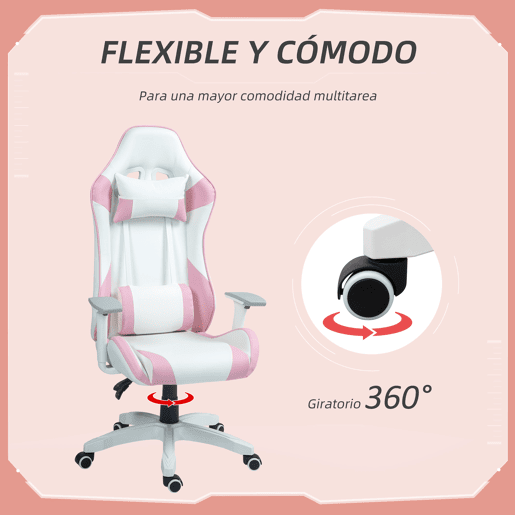 HOMCOM Cadeira Gaming Reclinável Cadeira Gamer Giratória com Almofada Lombar Apoios de Braços Ajustáveis Apoio de Cabeça Basculante e Altura Ajustável para Escritório 67x60x120-128 cm Branco e Rosa