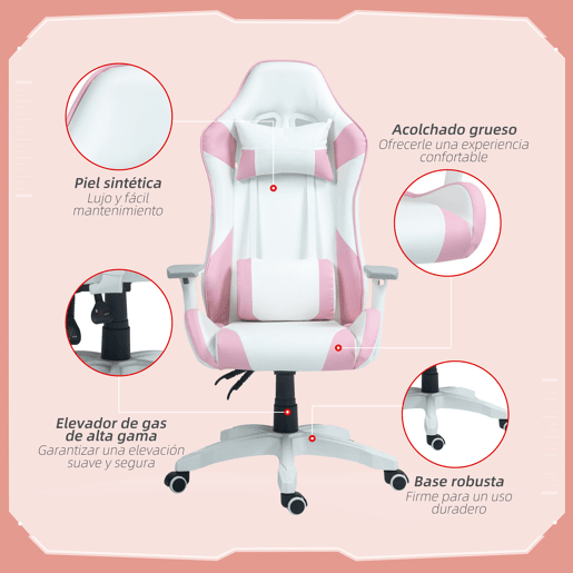 HOMCOM Cadeira Gaming Reclinável Cadeira Gamer Giratória com Almofada Lombar Apoios de Braços Ajustáveis Apoio de Cabeça Basculante e Altura Ajustável para Escritório 67x60x120-128 cm Branco e Rosa