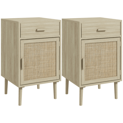HOMCOM Conjunto de 2 Mesas de Cabeceira Mesas Auxiliares com Gaveta de Vime e Prateleira Ajustável para Quarto Sala 40x40x68,5 cm Carvalho