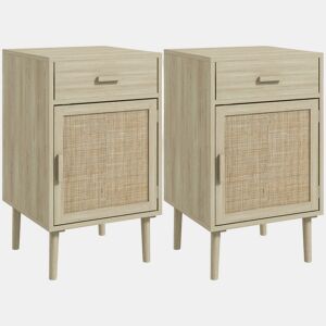 HOMCOM Conjunto de 2 Mesas de Cabeceira Mesas Auxiliares com Gaveta de Vime e Prateleira Ajustável para Quarto Sala 40x40x68,5 cm Carvalho