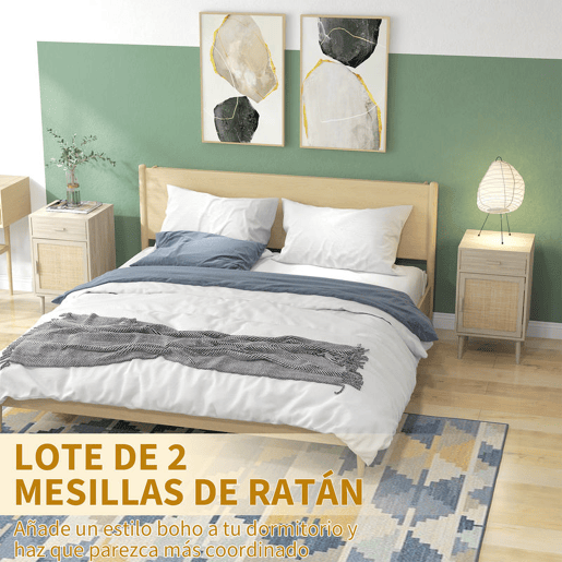 HOMCOM Conjunto de 2 Mesas de Cabeceira Mesas Auxiliares com Gaveta de Vime e Prateleira Ajustável para Quarto Sala 40x40x68,5 cm Carvalho