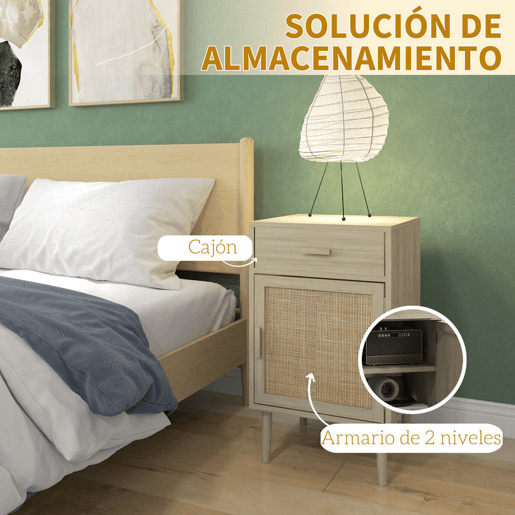 HOMCOM Conjunto de 2 Mesas de Cabeceira Mesas Auxiliares com Gaveta de Vime e Prateleira Ajustável para Quarto Sala 40x40x68,5 cm Carvalho