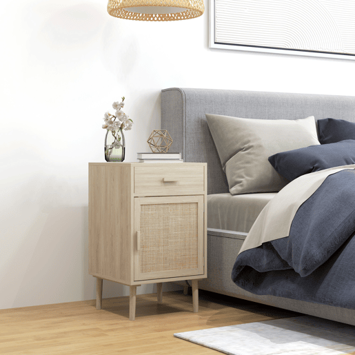 HOMCOM Conjunto de 2 Mesas de Cabeceira Mesas Auxiliares com Gaveta de Vime e Prateleira Ajustável para Quarto Sala 40x40x68,5 cm Carvalho