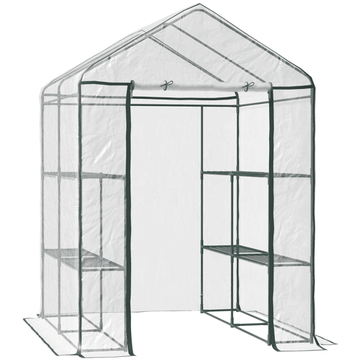 Outsunny Estufa Transparente de Jardim Estufa de Plantas de 3 Níveis com Prateleiras Estrutura de Aço 143x143x195cm Transparente e Verde