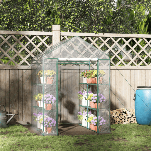 Outsunny Estufa Transparente de Jardim Estufa de Plantas de 3 Níveis com Prateleiras Estrutura de Aço 143x143x195cm Transparente e Verde