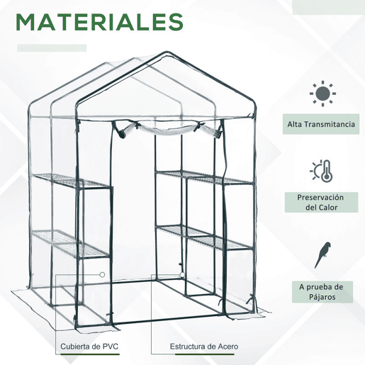 Outsunny Estufa Transparente de Jardim Estufa de Plantas de 3 Níveis com Prateleiras Estrutura de Aço 143x143x195cm Transparente e Verde
