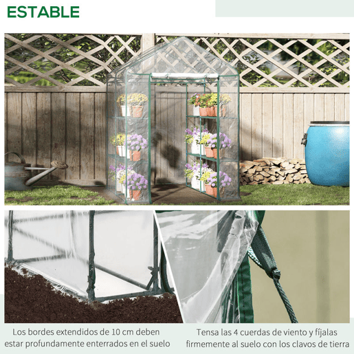 Outsunny Estufa Transparente de Jardim Estufa de Plantas de 3 Níveis com Prateleiras Estrutura de Aço 143x143x195cm Transparente e Verde