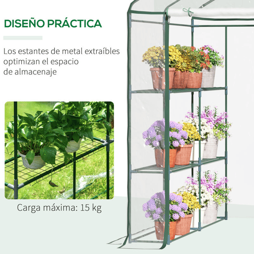 Outsunny Estufa Transparente de Jardim Estufa de Plantas de 3 Níveis com Prateleiras Estrutura de Aço 143x143x195cm Transparente e Verde