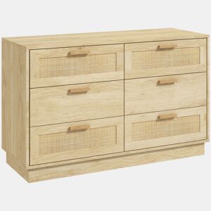 HOMCOM Cómoda para Quarto Cómoda de Madeira com 6 Gavetas de Vime Estilo Boêmio Cómoda para Corredor Sala de Estar Escritório 110x40x69 cm Carvalho