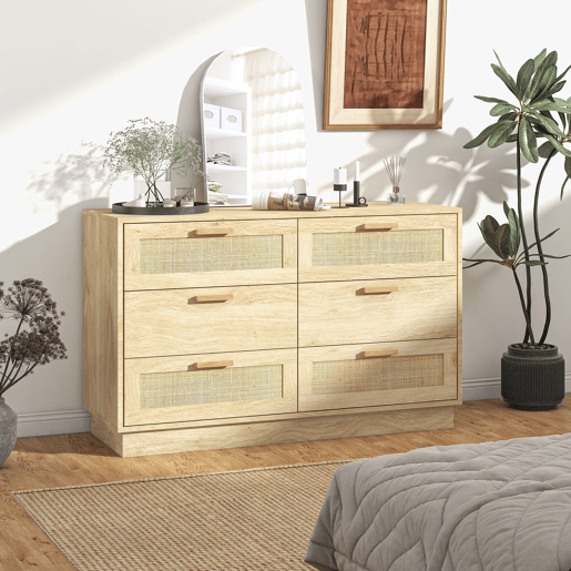 HOMCOM Cómoda para Quarto Cómoda de Madeira com 6 Gavetas de Vime Estilo Boêmio Cómoda para Corredor Sala de Estar Escritório 110x40x69 cm Carvalho