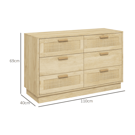 HOMCOM Cómoda para Quarto Cómoda de Madeira com 6 Gavetas de Vime Estilo Boêmio Cómoda para Corredor Sala de Estar Escritório 110x40x69 cm Carvalho