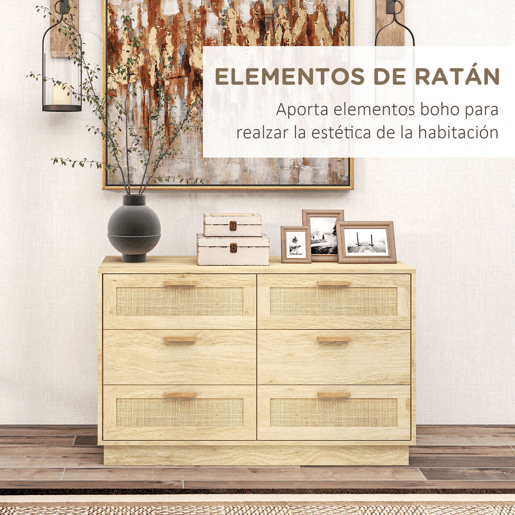 HOMCOM Cómoda para Quarto Cómoda de Madeira com 6 Gavetas de Vime Estilo Boêmio Cómoda para Corredor Sala de Estar Escritório 110x40x69 cm Carvalho