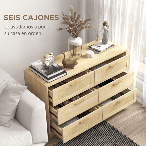 HOMCOM Cómoda para Quarto Cómoda de Madeira com 6 Gavetas de Vime Estilo Boêmio Cómoda para Corredor Sala de Estar Escritório 110x40x69 cm Carvalho
