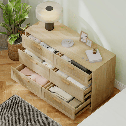 HOMCOM Cómoda para Quarto Cómoda de Madeira com 6 Gavetas de Vime Estilo Boêmio Cómoda para Corredor Sala de Estar Escritório 110x40x69 cm Carvalho