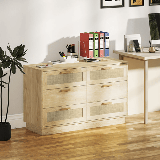 HOMCOM Cómoda para Quarto Cómoda de Madeira com 6 Gavetas de Vime Estilo Boêmio Cómoda para Corredor Sala de Estar Escritório 110x40x69 cm Carvalho