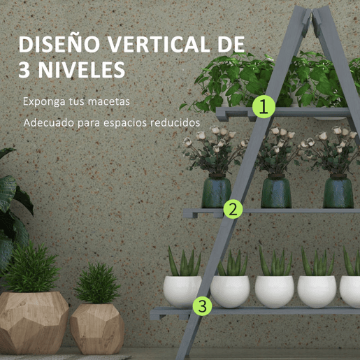 Outsunny Suporte de Madeira para Plantas Dobrável Estante Decorativo para Vasos de 3 Níveis com Estrutura em Forma de A para Jardim Pátio Varanda 100x36x112 cm Cinza