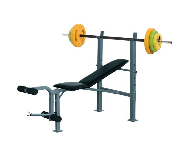 Homcom conjunto de banco de pesas multifuncional y barra de pesas con 6 discos de pesos intercambiables para entrenamiento fuerza y brazos en gimnasio 165x68x114 cm 130x28x28 cm multicolor