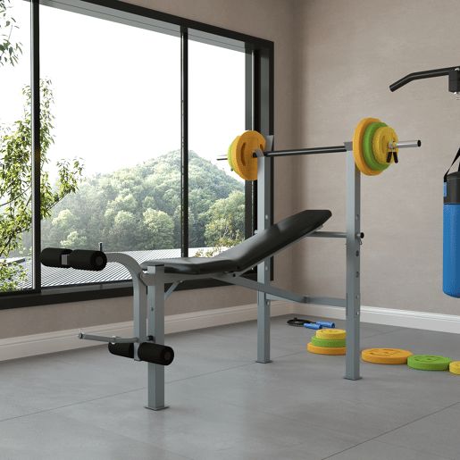 HOMCOM Conjunto de Banco de Musculação Multifuncional e Barra de Pesos com 6 Discos de Peso Intercambiáveis para Treino de Força e Braços em Casa Ginásio 165x68x114 cm 130x28x28 cm Multicor