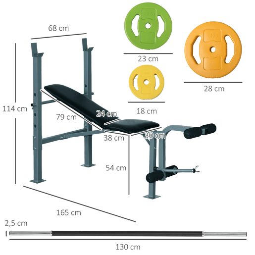 HOMCOM Conjunto de Banco de Musculação Multifuncional e Barra de Pesos com 6 Discos de Peso Intercambiáveis para Treino de Força e Braços em Casa Ginásio 165x68x114 cm 130x28x28 cm Multicor